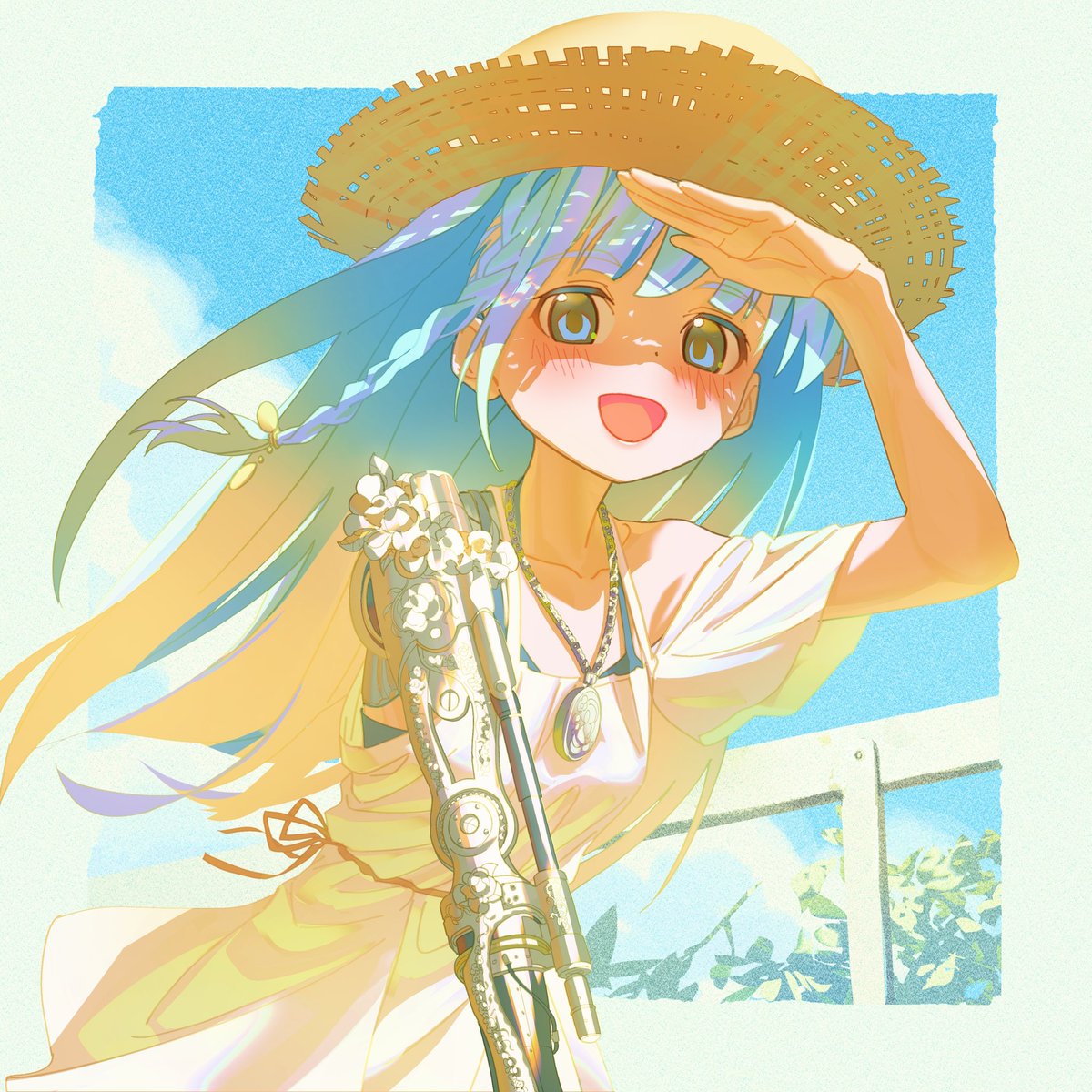 1girl solo hat blue hair straw hat long hair dress  illustration images