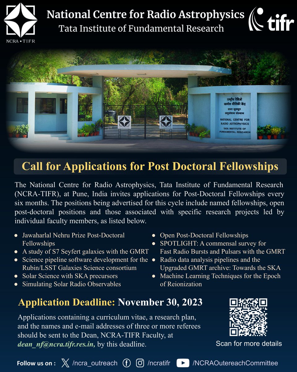 🔔#NCRA-TIFR is hiring! 

We are inviting applications for new post-doctoral fellowships. More details about these positions can be found here:
ncra.tifr.res.in/ncra/opportuni….

📅 Application Deadline: Nov 30, 2023.

#astronomy #postdoc #GMRT #TIFR
