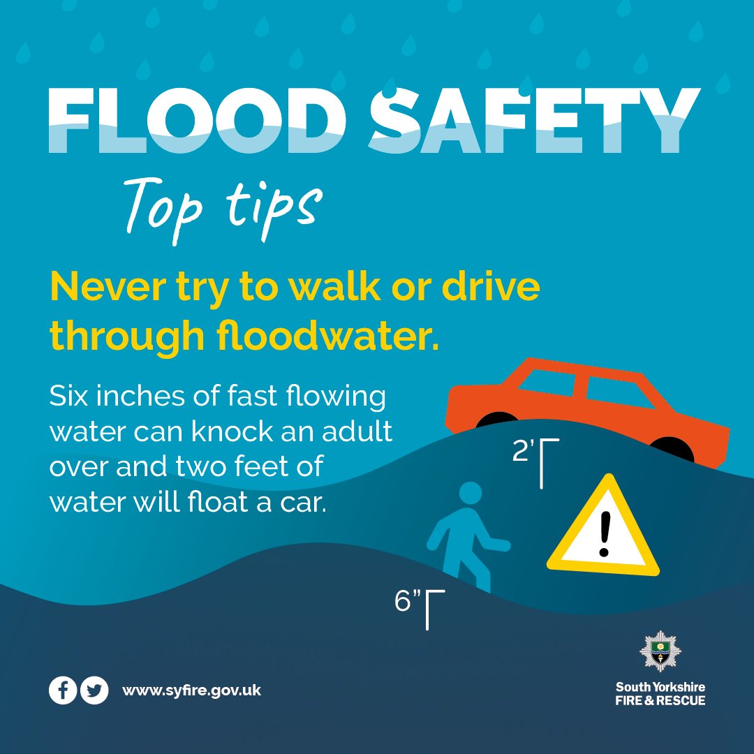 We've already received calls about people who've become trapped after attempting to drive through floodwater water. Please don't drive through floodwater water. The water is usually deeper than it looks. A few inches can flood an engine. A couple of feet can float a car.