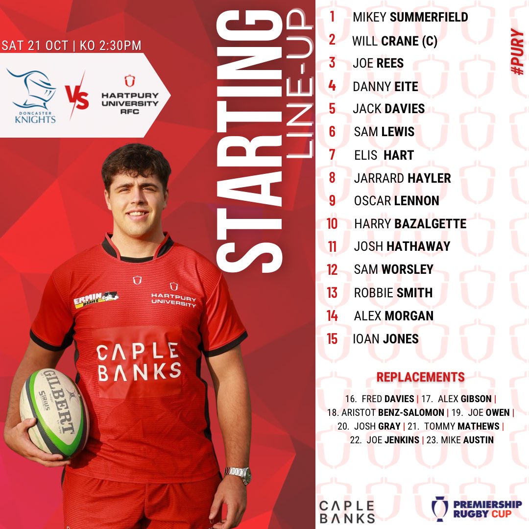 HartpuryRFC's tweet photo. Your Hartpury team heading up north for the first league game of the season 

🆚 @DoncasterKnight 
🗓️ Saturday 21st Oct 
📍 Castle Park 
⏰ 2:30PM
🎟️ Available online through our hosts

#championshiprugby https://t.co/vdmty6pecf