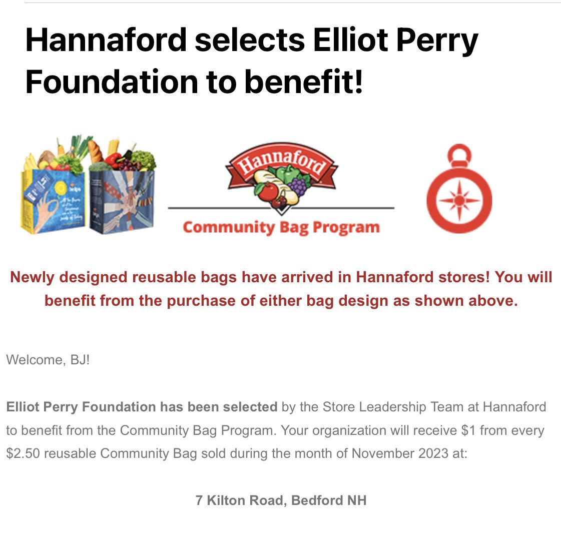 BJPerrynh's tweet photo. Thank you Hannafords for selecting the Elliot Perry Foundation. Get your thanksgiving shopping and all your November grocery shopping done at the Bedford Hannafords! Please share and spread the news!!! https://t.co/Da1TQlhdLz