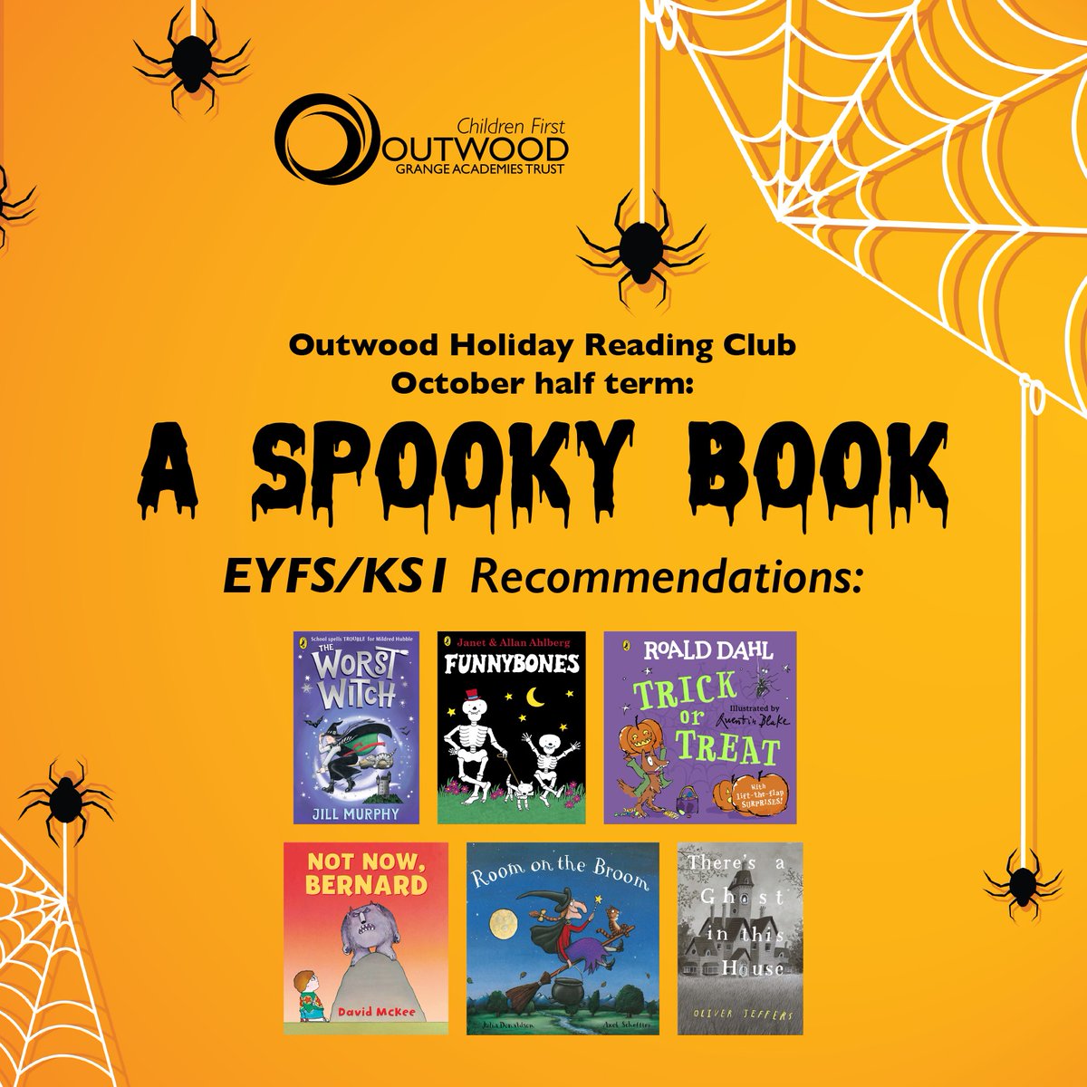 outwoodeh's tweet image. 📚🎃📚🎃 This October #halfterm, read a spooky book for a chance to win a prize with @OGATrust! 
Use the form below to enter: 🖱️ow.ly/o2mN50PVqpc 
Here are some EYFS/Reception book recommendations ⤵️ 
Let us know if you have a favourite spooky book! 👻