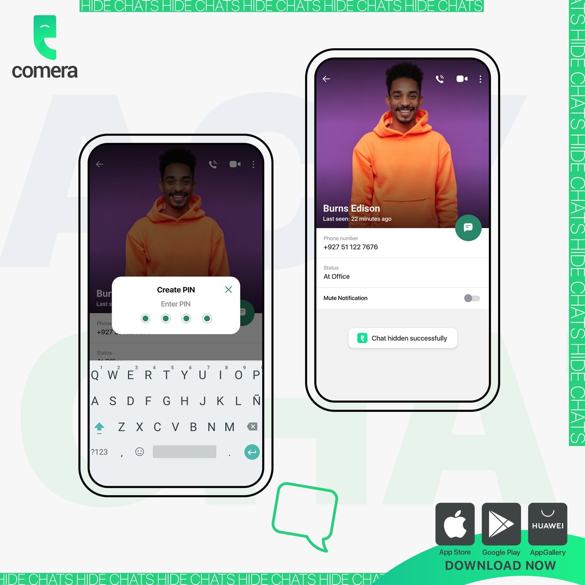 Comera_app's tweet image. 🕵️‍♀️ Shhh... Privacy in your hands! Activate Comera&apos;s &quot;Hide Chat&quot; feature for a confidential chat experience. 🌟

#comera #securecalling #hidechats #downloadfree #downloadourapp