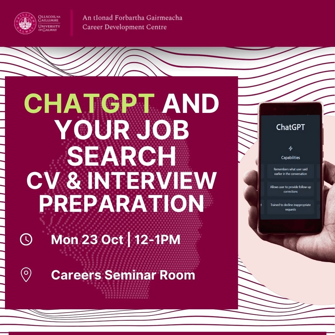 GalwayCareers's tweet image. ChatGPT for Job Searching 
Learn how to leverage AI to enhance your job search preparation
TODAY Mon 23rd Oct at 12pm Careers
#galwaycareers #employability #getjobready