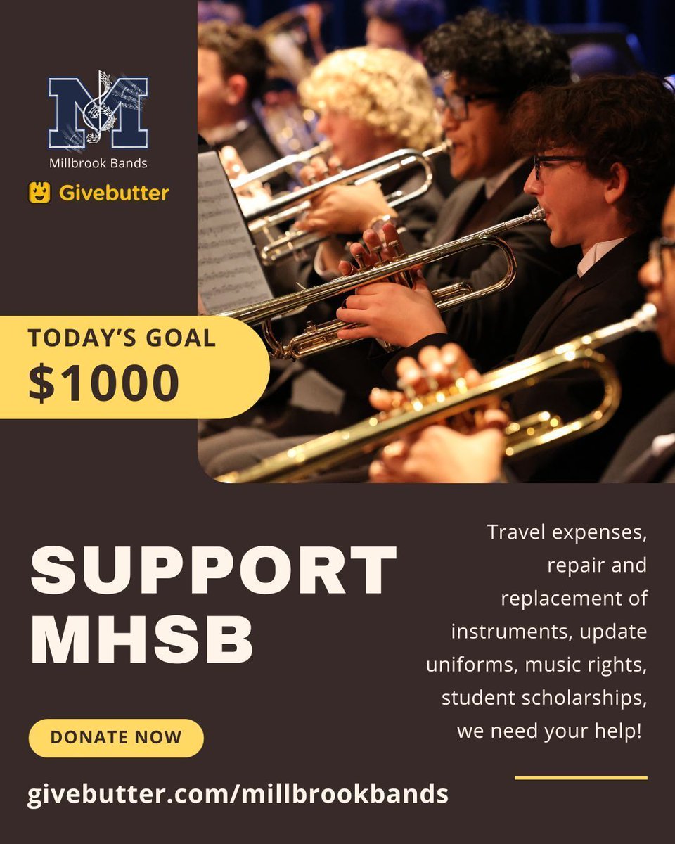 Can you help us reach our $1000 goal today!? Support the Millbrook Band Program:  givebutter.com/millbrookbands