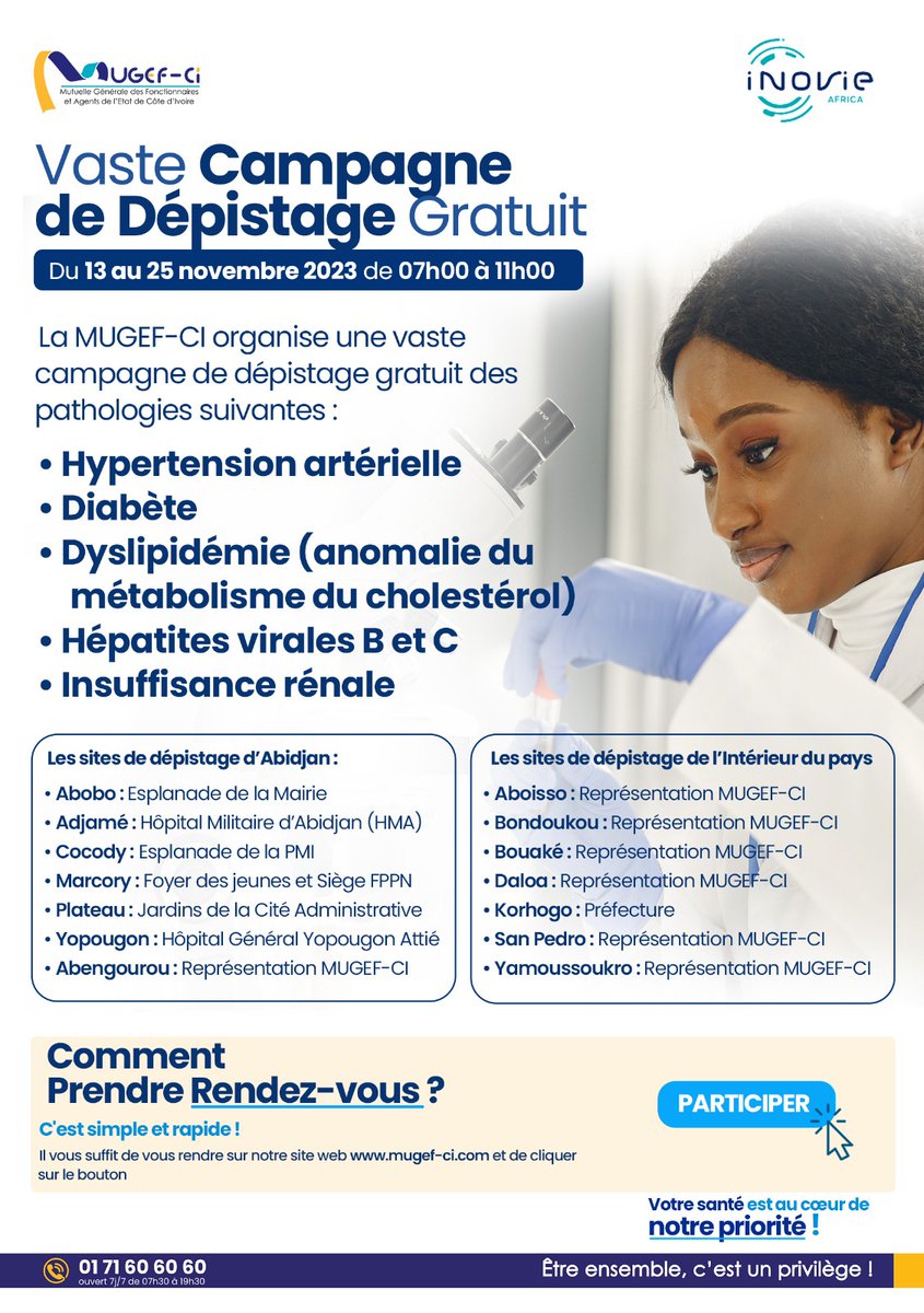 Mugefci's tweet photo. La #MUGEFCI organise une vaste campagne de dépistage gratuit qui couvrira Abidjan, et 8 villes de l'intérieur du pays. Pour y participer, prendre RDV en ligne👉https://t.co/lPgiXW9TF7 
#CIV225 #CampagneDepistage #fonctionnaire https://t.co/vhFmuI0mah