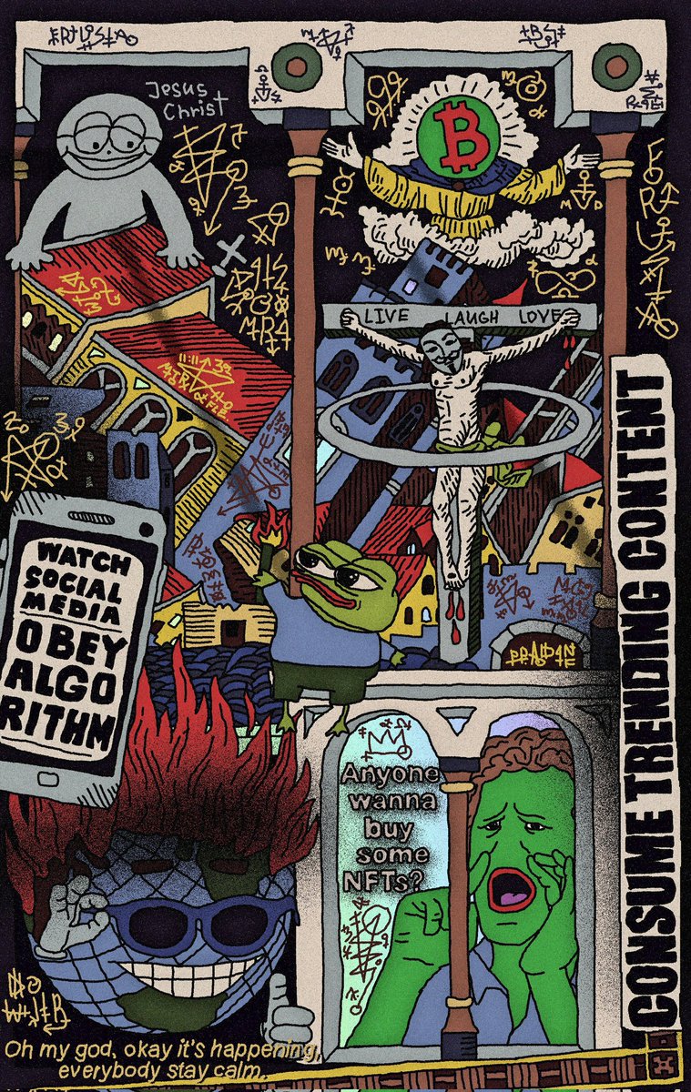 Let's ask ChatGPT about symbols in [THEYLIVELOVELAUGH]

"This artwork is deeply symbolic and comments on various aspects of contemporary society, especially as it relates to the digital age, cryptocurrency, and internet culture. Here's an interpretation of the symbolism present