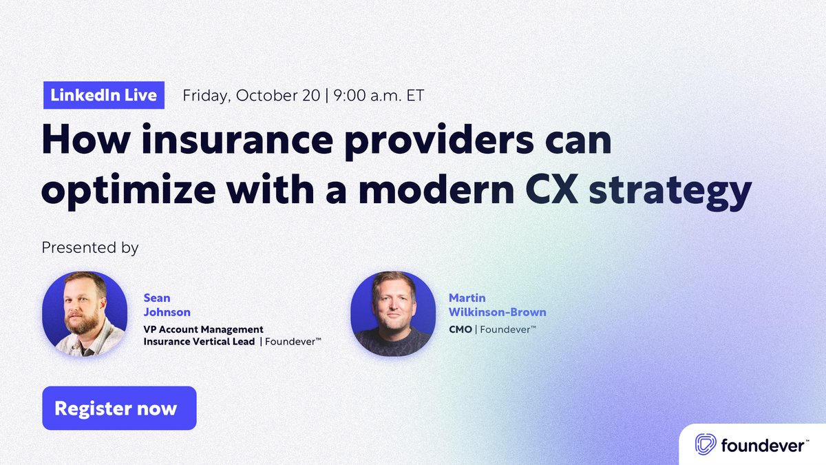 foundeverglobal's tweet photo. Today at 9:00 a.m. ET! Join us for our third LinkedIn Live: How insurance providers can maximize a modern CX!
Register here: https://t.co/aHBH0j4k4x
#Insurance #InsuranceCX #CustomerExperience #BPO https://t.co/rH9PjGA25P