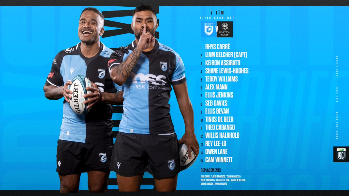 Cardiff_Rugby's tweet photo. Y TรฎM | THE LINE-UP
๐คHalaholo and Razor Rey back in midfield
ยฉ๏ธ Belcher leads the boys
6โฃ Competitive debutants
The full team news as the Blue and Blacks name their side to take on @BenettonRugby
#YmlaenCaerdydd ๐ฉต๐ค