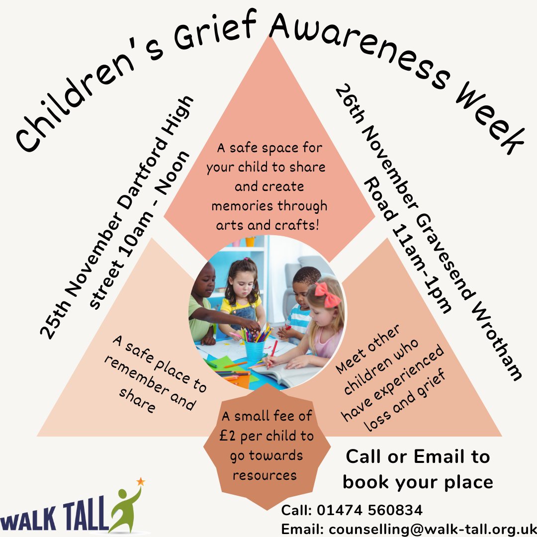 We are running two workshops next month for Children's Grief Awareness week! This will be open to children of all ages who have experience with grief 
#Dartford #gravesend #gravesham #childrensgrief #childrensgriefawareness #griefawareness #memories #artsandcrafts #walktall