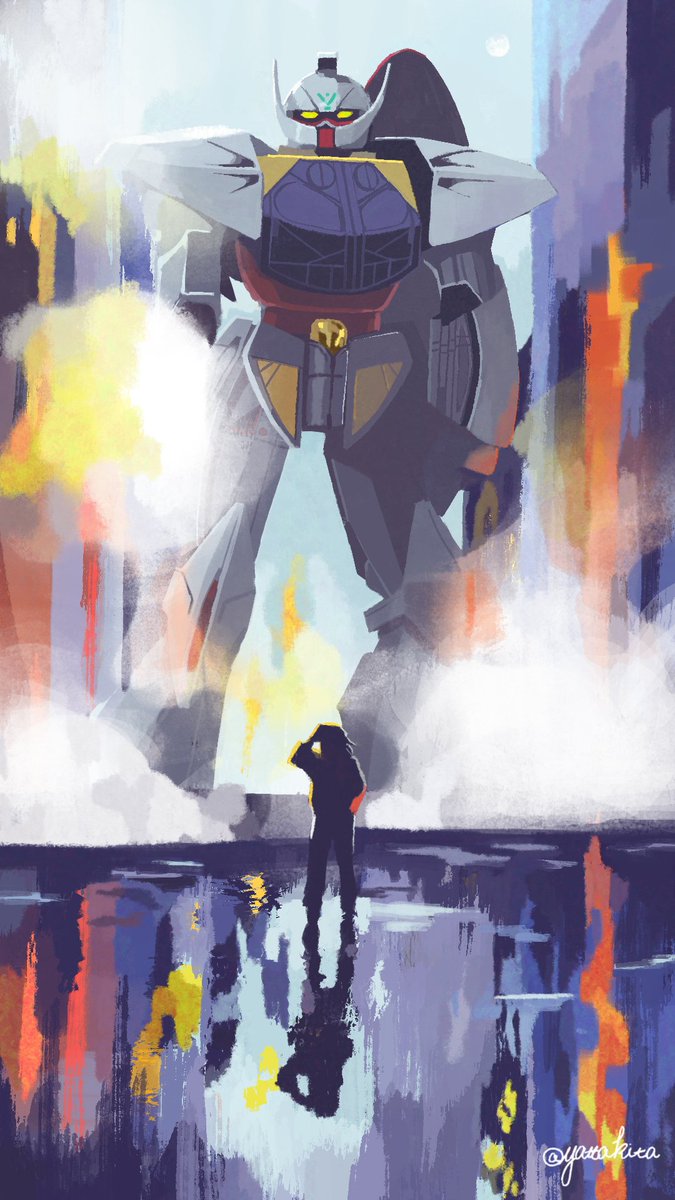 mecha robot v-fin mobile suit reflection standing smoke  illustration images