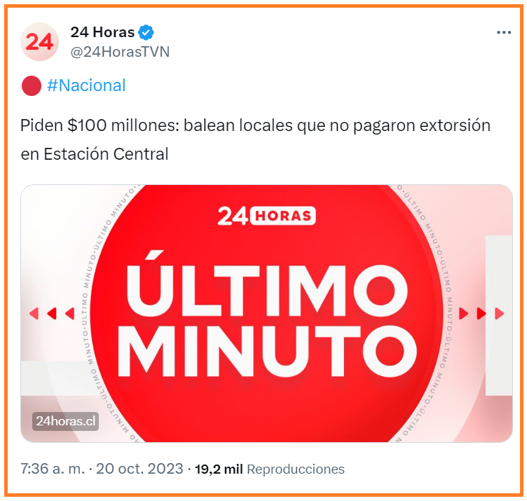 sergiou01329861's tweet photo. Mafias y bandas de narcos instaladas en Chile.
No se extrañen si en poco tiempo más, les piden sumas mensuales de dinero a cambio de que tu casa no sea baleada/incendiada, o uno de tus hijos baleado.
Es la cruda realidad que vivimos gracias a quienes llegaron a "cambiarlo todo". https://t.co/tFFTVFltXw