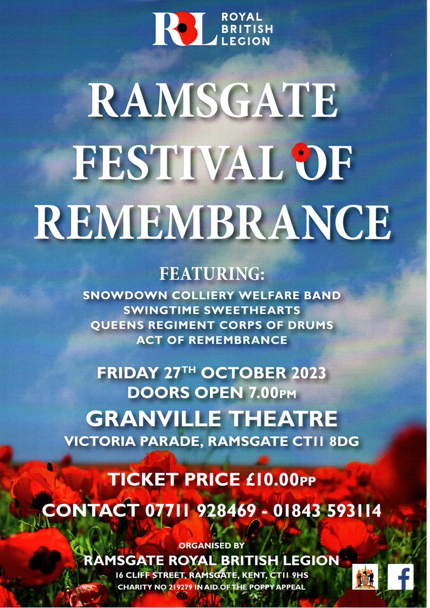 RamsgateTown's tweet photo. 🌟 Ramsgate Festival of Remembrance by Royal British Legion 🌟

🎶 Featuring: Snowdown Colliery Welfare Band, Swingtime Sweethearts, Queens Regiment Corps of Drums, and an impactful Act of Remembrance.

🗓️ Friday, 27th October 2023, Doors Open at 7pm at The Granville Theatre. https://t.co/ys8YMch9zk