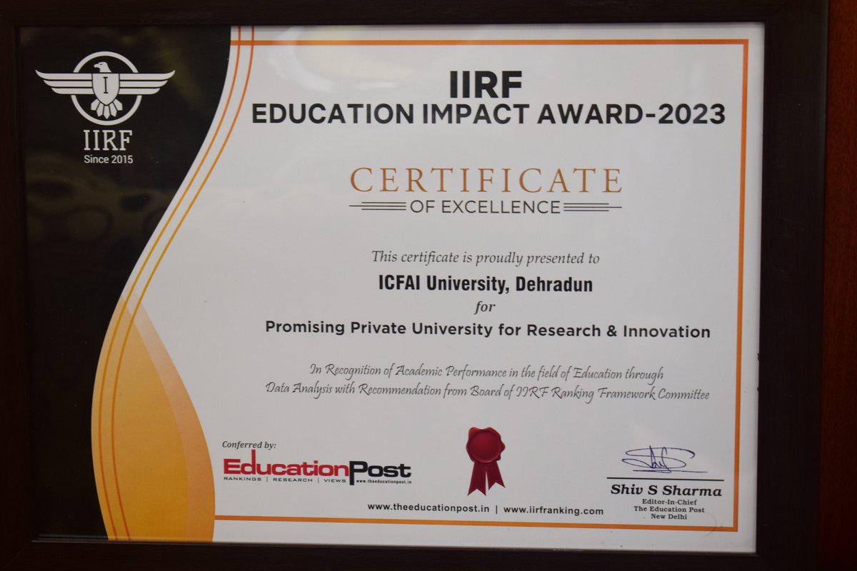 The ICFAI University Dehradun has been awarded certificate of excellence for promising private university for Research & Innovation by IIRF education impact award 2023.

#IRF #certificateofexcellence #privatuniversity #icfaiuniversitydehradun #Resarch #innovation