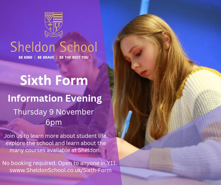 Attention all Year 11 students in Chippenham and surrounding areas! Sheldon Sixth Form is hosting an Information Evening on Thursday 9 November at 6pm. There's no need to book, just show up to learn all about student life and course on offer at Sheldon. sheldonschool.co.uk/sixth-form/