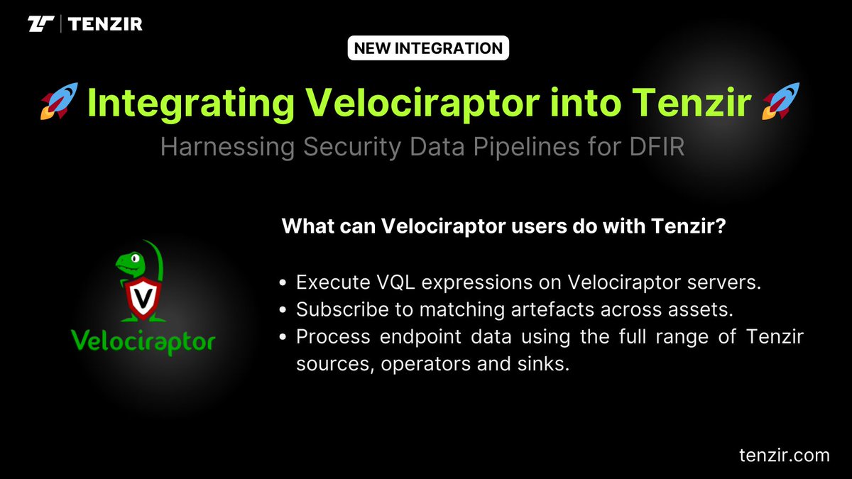 🚀 Exciting news! We've integrated #Velociraptor into Tenzir Pipelines, opening up powerful new DFIR capabilities within security data workflows. Learn all the details with our latest blog post:docs.tenzir.com/blog/integrati…
#CyberSecurity #DataPipelines #SecDataOps