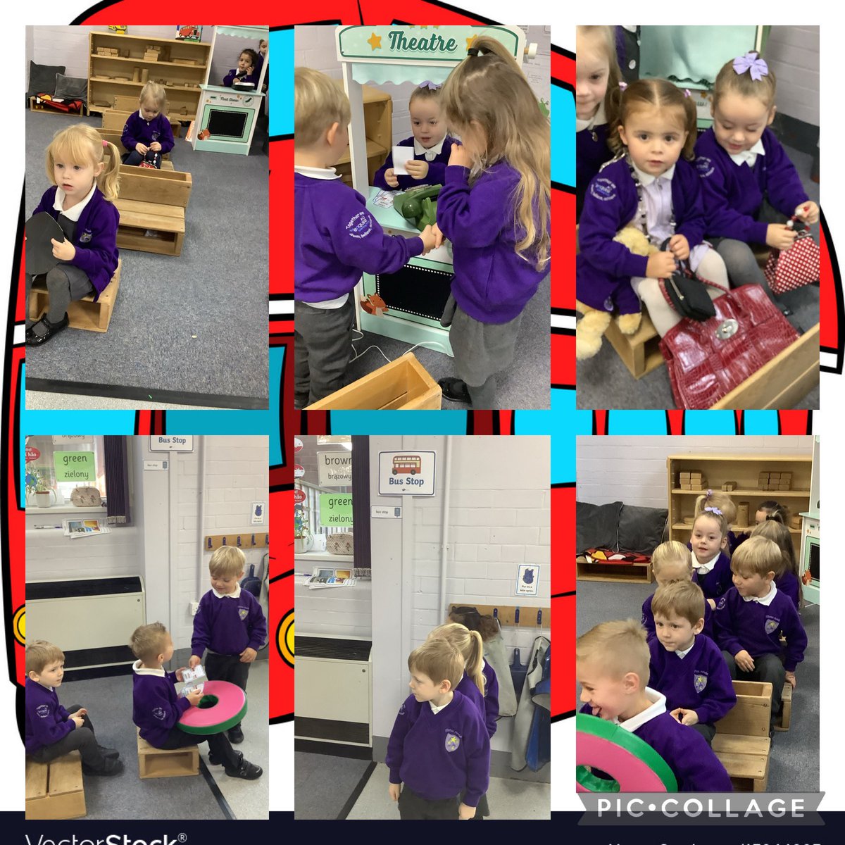 Children in FS1 have been travelling around their local area on a bus visiting familiar places such as the park, the beach and library. They have remembered to wait at the bus stop and buy a ticket! All aboard! #EllistonEYFS #EllistonGeography