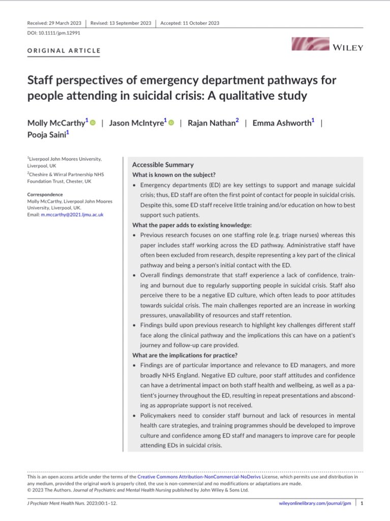Dr Molly McCarthy (@molly_mccarthyy) on Twitter photo NEW PUBLICATION📢
Staff Perspectives of People Attending Emergency Departments in Suicidal Crisis: A Qualitative Study.
onlinelibrary.wiley.com/doi/epdf/10.11…
<a href="/poojaliverpool/">Professor Pooja Saini (She/Her)</a> <a href="/DrJasonMcIntyre/">Jason C McIntyre</a> <a href="/emma_ash/">Dr Emma Ashworth (she/her)</a> Taj Nathan <a href="/SSHRG1/">SSHRG</a> <a href="/RCBB_LJMU/">RCBB</a> NEW PUBLICATION📢
Staff Perspectives of People Attending Emergency Departments in Suicidal Crisis: A Qualitative Study.
onlinelibrary.wiley.com/doi/epdf/10.11…
<a href="/poojaliverpool/">Professor Pooja Saini (She/Her)</a> <a href="/DrJasonMcIntyre/">Jason C McIntyre</a> <a href="/emma_ash/">Dr Emma Ashworth (she/her)</a> Taj Nathan <a href="/SSHRG1/">SSHRG</a> <a href="/RCBB_LJMU/">RCBB</a>