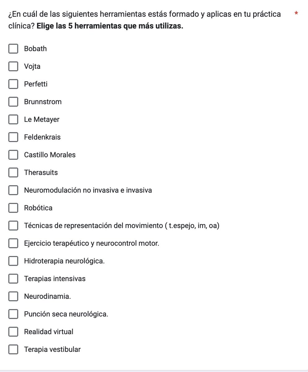 La encuesta para proporcionar datos para tratar sobre la especialidad en #neurofisioterapia que se va a tratar en el XVII Congreso Nacional de Fisioterapia. En algunas preguntas aparecen métodos obsoletos, privados y lucrativos ¡Unir la especialidad a métodos sería un escándalo!
