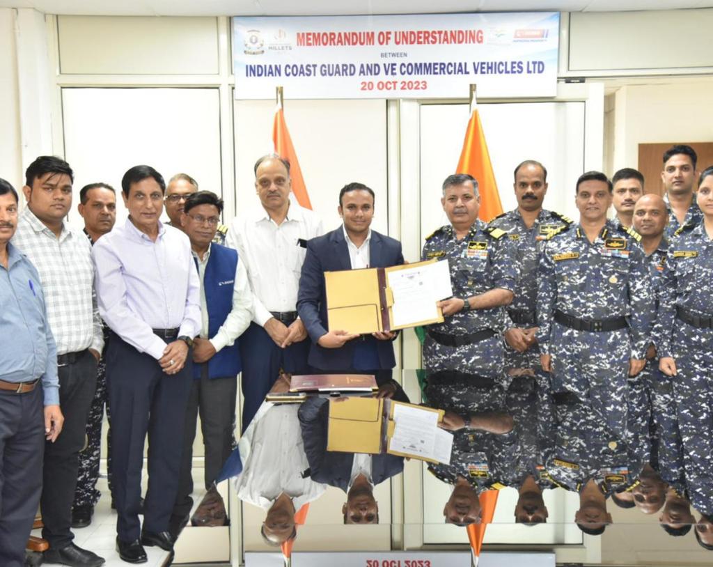 IndiaCoastGuard's tweet photo. A memorandum of understanding has been signed today between @IndiaCoastGuard and M/s VE Commercial Vehicles Ltd. at Coast Guard Headquarters towards repairs and maintenance of Motor Vehicles held with #ICG units (PAN #India) for the duration
of two years. @giridhararamane https://t.co/vv2edGwu5S