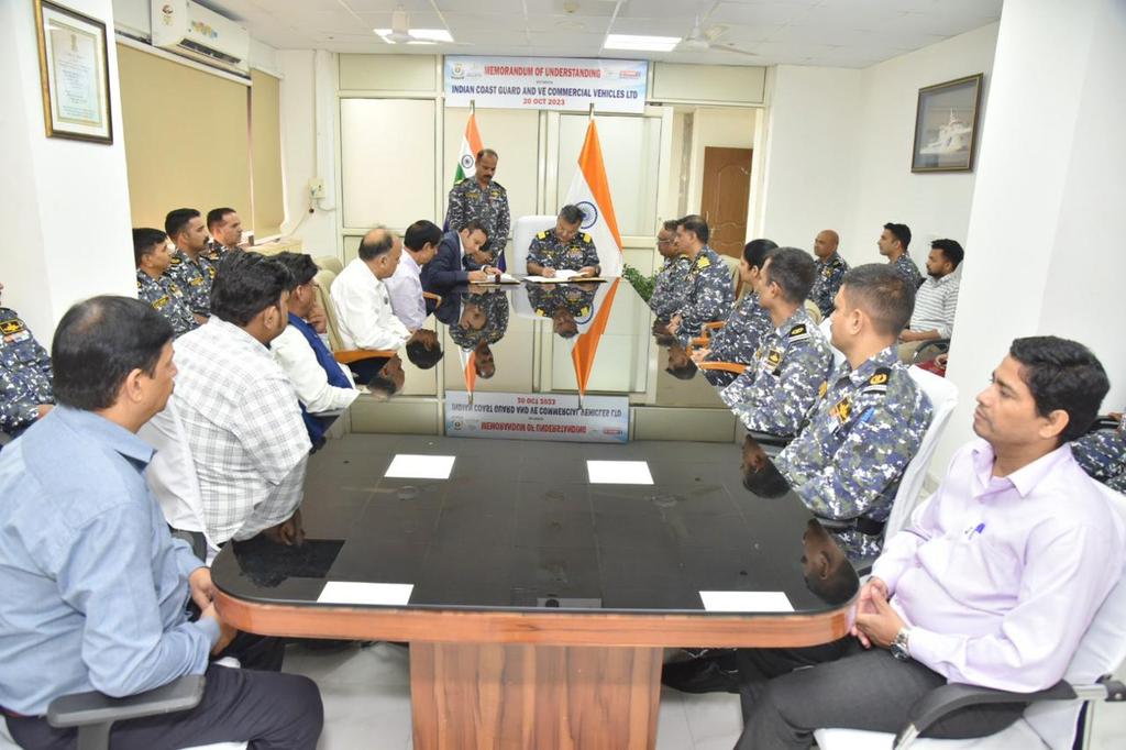 IndiaCoastGuard's tweet photo. A memorandum of understanding has been signed today between @IndiaCoastGuard and M/s VE Commercial Vehicles Ltd. at Coast Guard Headquarters towards repairs and maintenance of Motor Vehicles held with #ICG units (PAN #India) for the duration
of two years. @giridhararamane https://t.co/vv2edGwu5S