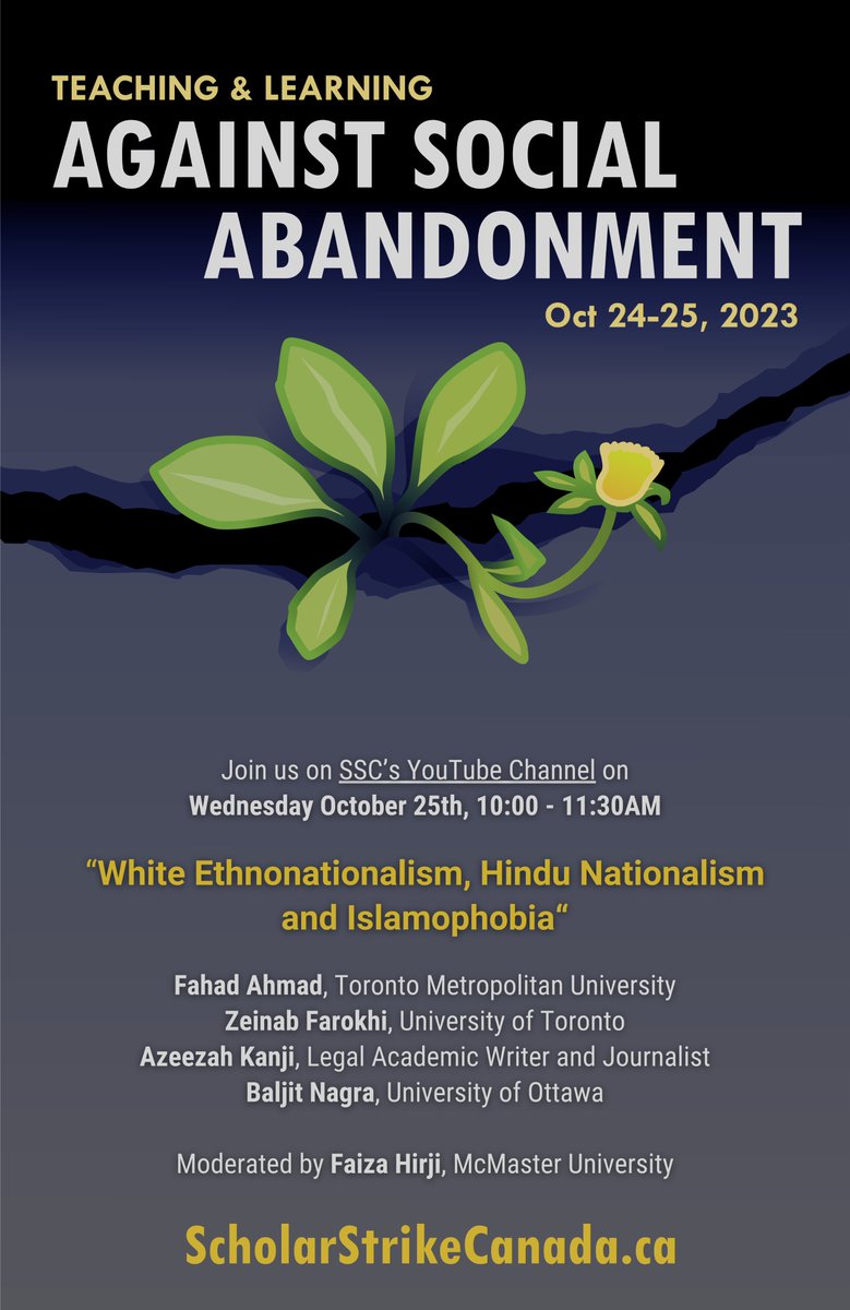 Join us on our YouTube channel on Wednesday October 25th, 10:00 - 11:30AM EST for...

“White Ethnonationalism, Hindu Nationalism and Islamophobia"

ft. Fahad Ahmad (<a href="/atlast_atweet/">Fahad Ahmad</a>), Zeinab Farokhi (<a href="/FarokhiZeinab/">Zeinab Farokhi, PhD</a>), Azeezah Kanji (<a href="/AzeezahKanji/">Azeezah Kanji</a>), Baljit Negra (<a href="/drbaljitnagra/">Baljit Nagra</a>) and