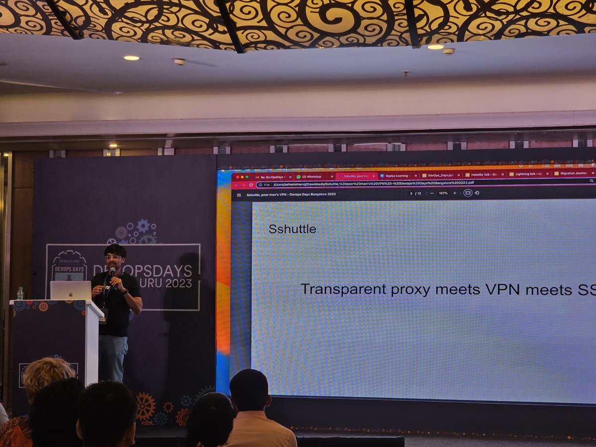 devopsdays_blr's tweet image. Another wonderful lightening talk by  @jdk2588 about Sshuttle: Poor person&apos;s VPN 🔥

#DevOpsDaysBLR #DevOps #DevOpsDays