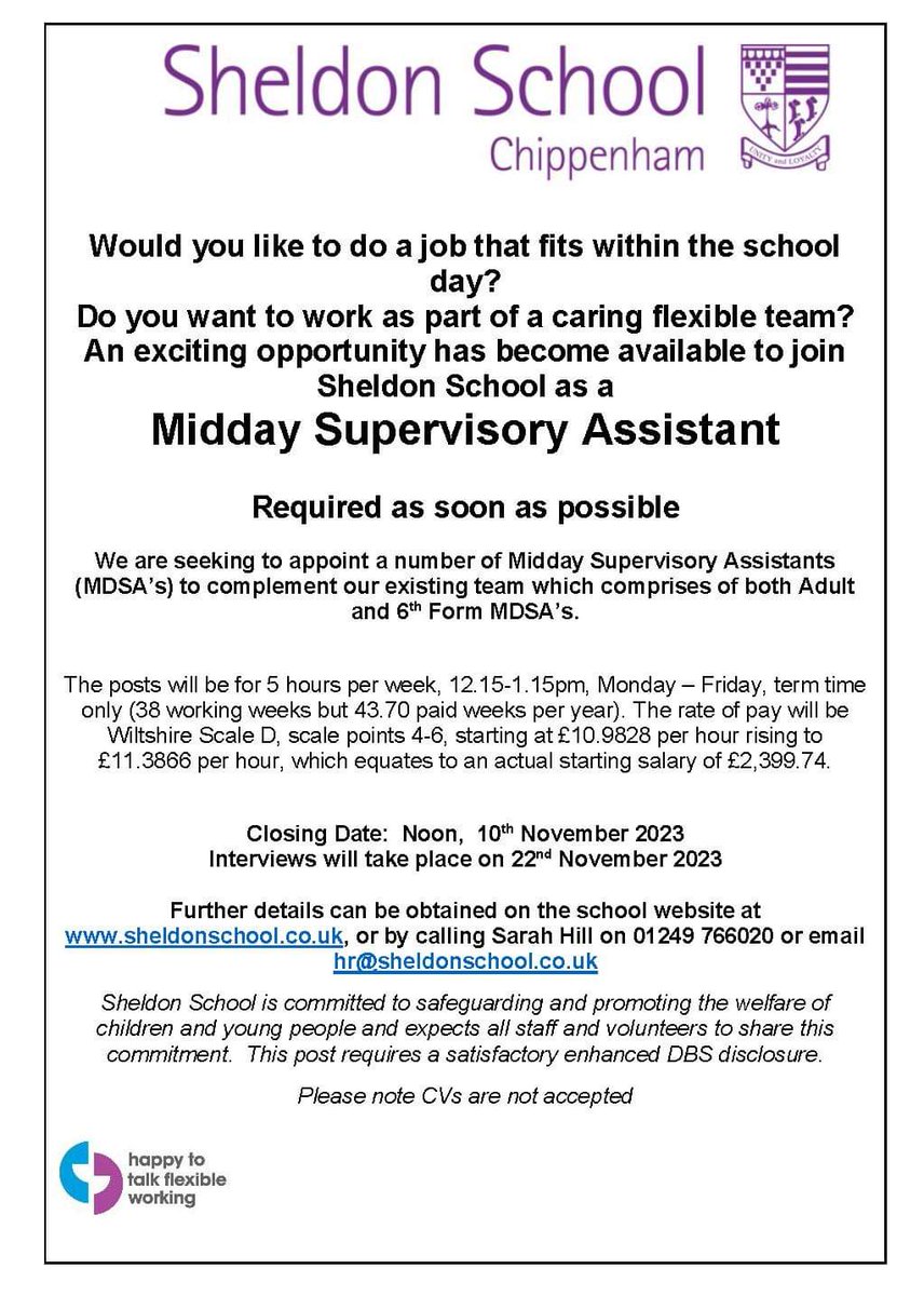 We are hiring a number of new Midday Supervisory Assistants (MDSA) to join our existing team. Closing date is 10 November with interviews taking place 22 November.

To find out more about the role visit our website sheldonschool.co.uk/home/our-commu…