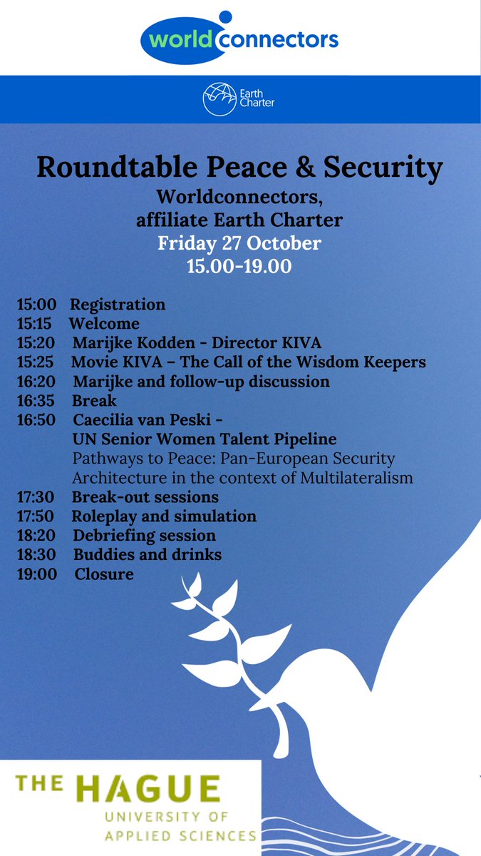 De officiële agenda voor onze aanstaande Roundtable Peace and Security in samenwerking met de <a href="/dehaagse/">De Haagse Hogeschool / THUAS (INACTIEF/INACTIVE)</a>  is bekend!  🕊 🌍