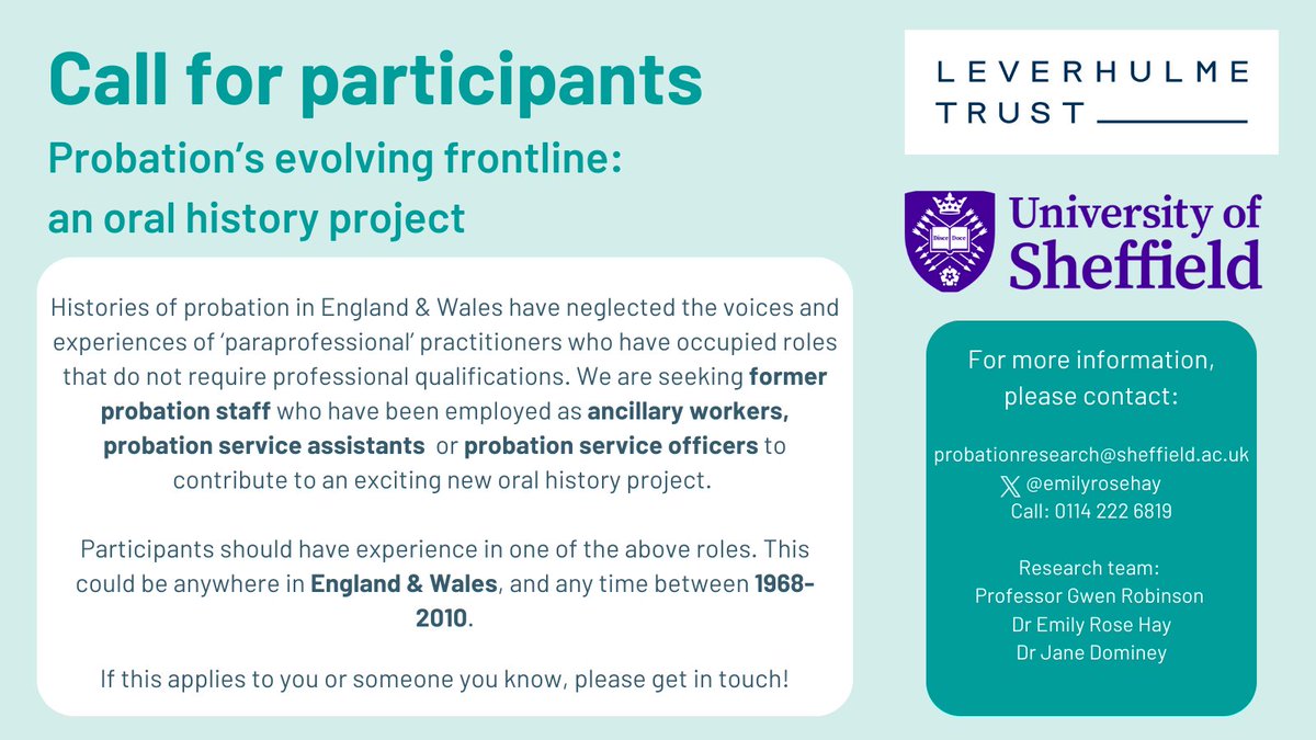 Hello: we are looking for interviewees with experience of working in specific roles within the Probation Service between 1968 and 2010: please read and circulate widely!