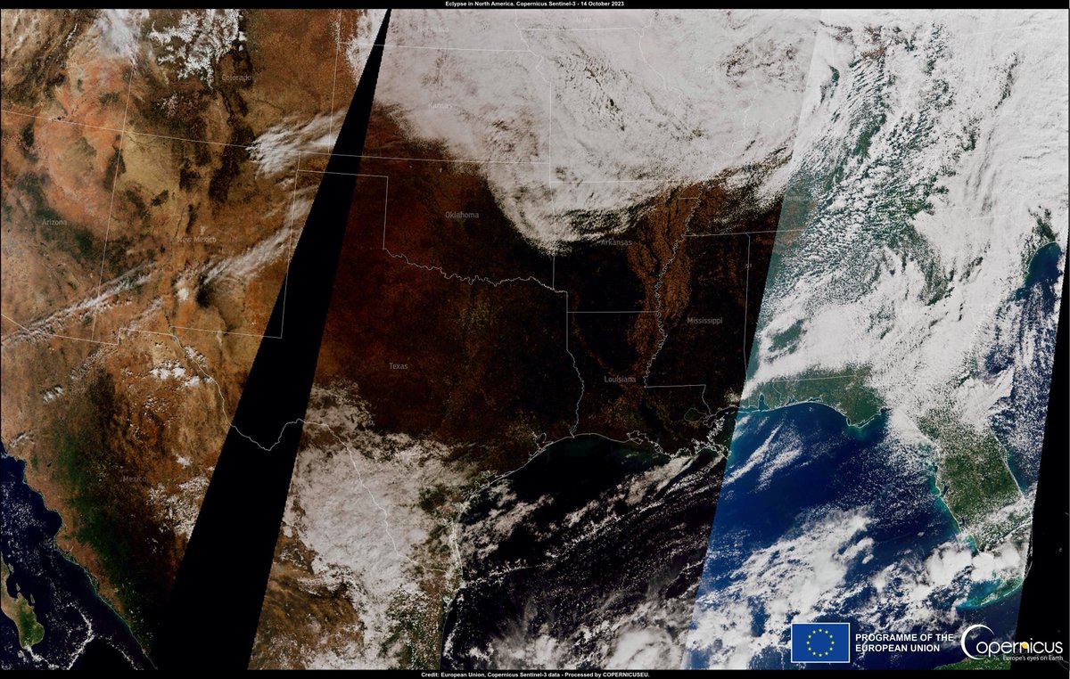 On October 14th, 2023, a solar eclipse was observed in the Americas. Moon projected over the states of Texas, Oklahoma, Arkansas, Louisiana, and Mississippi. During the eclipse, the Earth's surface appeared black.