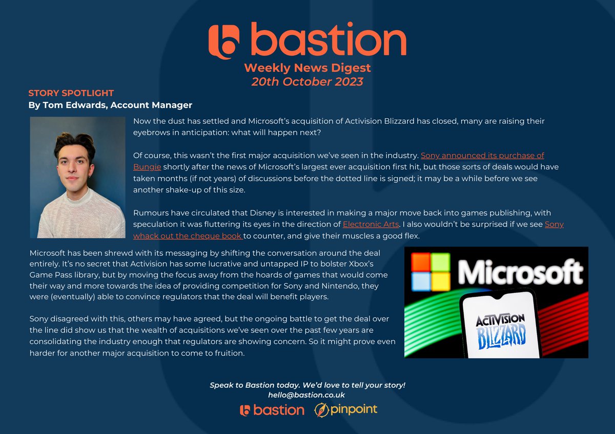 ThisIsBastion's tweet photo. Missed the latest news from across the industry?
Bastion’s weekly news digest has just landed with a round-up of the biggest stories from the video games industry this week. 🎮
#VideoGames #VideoGamesNews #VideoGamesAgency #Comms #PR https://t.co/o3OA4G3lem
