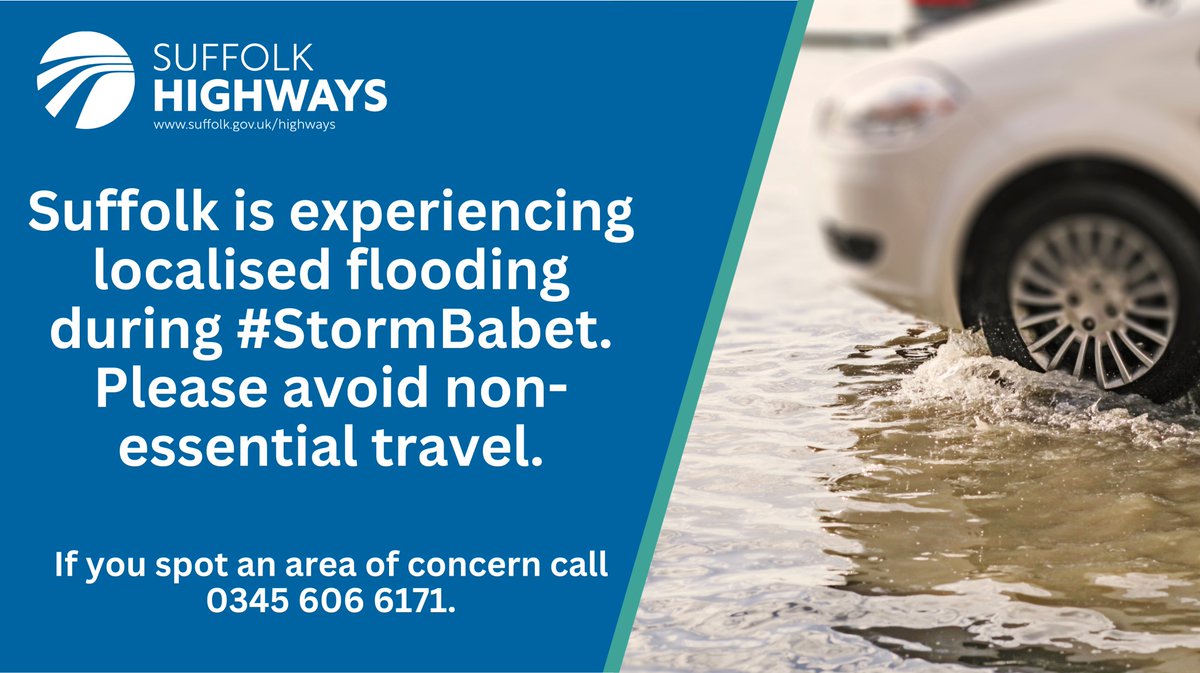 We've had over 40 weather related emergencies reported to us today due to #StormBabet. Our teams are working hard across #Suffolk along with partners from the emergency services to respond to incidents. 

Please help us to help you by only travelling if necessary. #StaySafe