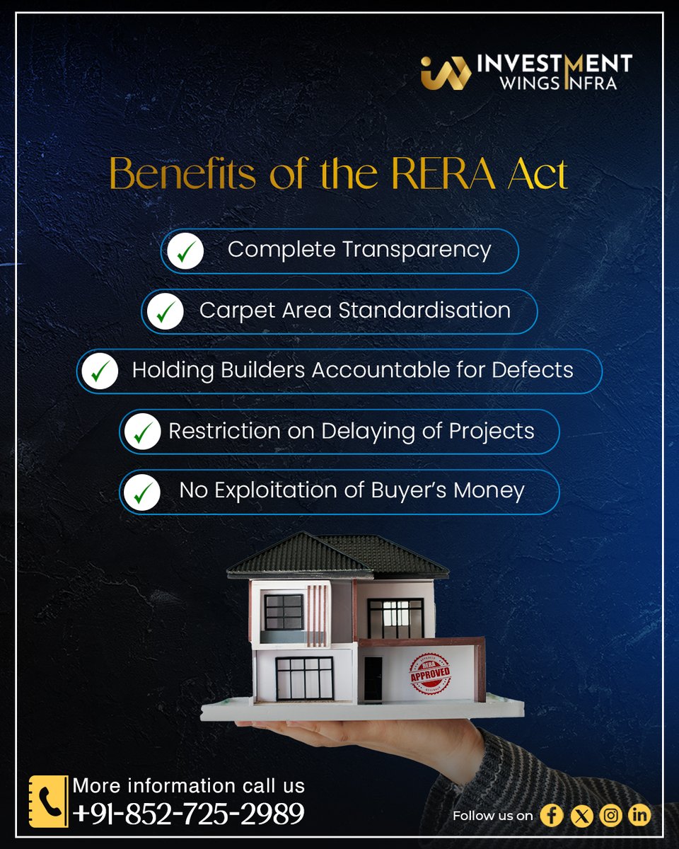 🔍📜 In the realm of homebuying, the Real Estate Regulatory Authority (RERA) Act holds immense importance for prospective buyers. 🏠🔒

#RERA #Homebuyers #RealEstateRegulation #TransparencyMatters #BuyersProtection #SecureInvestment #DreamHome #investmentwingsinfra