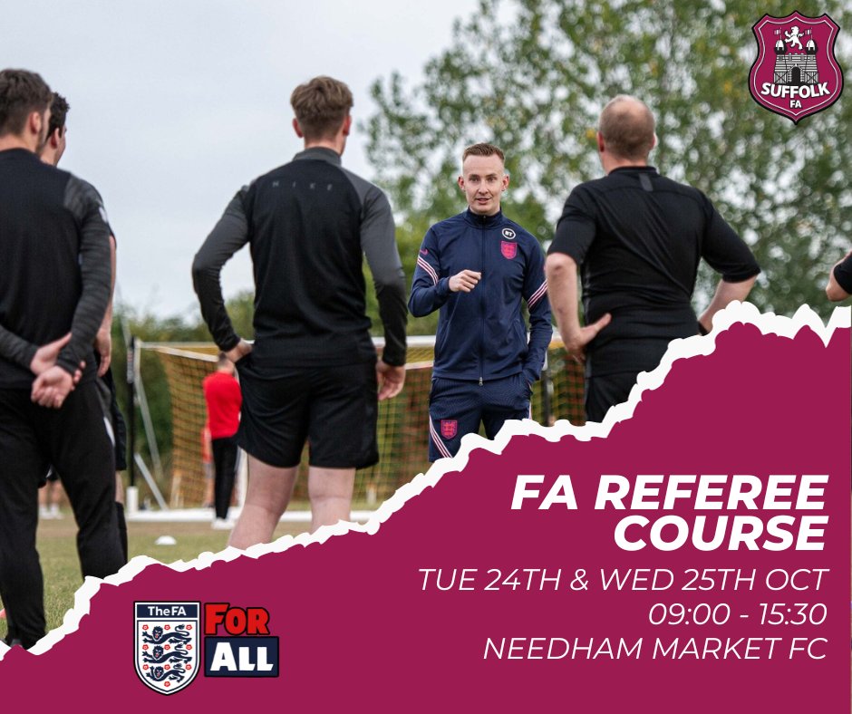 Time is running out to book onto our upcoming referees course!

Venue: Needham Market FC Dates: Tues 24th &amp; Wed 25th October, 9am-3.30pm Booking link: rebrand.ly/t3wj4c9
