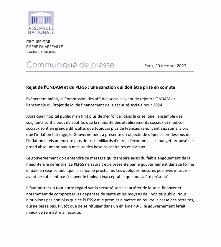 deputesGDR's tweet photo. Rejet du budget de la sécurité sociale en commission : une sanction qui doit être prise en compte par le gouvernement ! #PLFSS24 #DirectAN
Notre communiqué ⤵️ https://t.co/dtGLCkU1B2