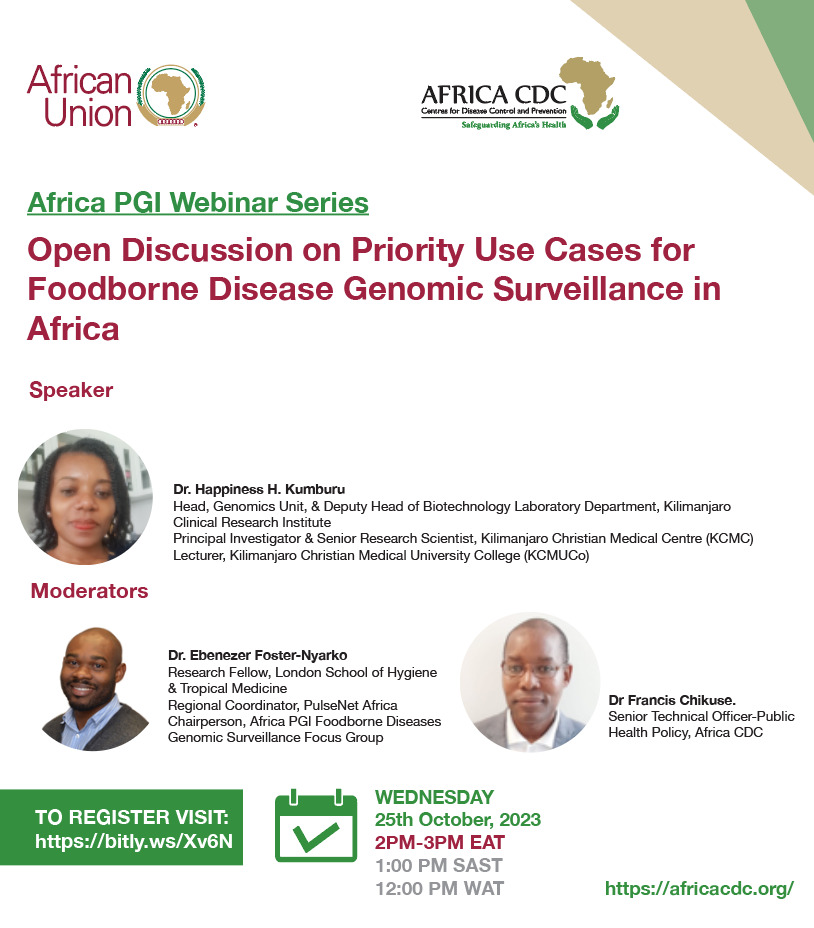EFosterNyarko's tweet photo. 📢 Join the Africa CDC / Africa PGI Webinar!
📅 When: October 25th, 2023
⏰ Time: 02:00 PM EAT
🌍 Topic: Open Discussion on Priority Use Cases for Foodborne Disease Genomic Surveillance in Africa
🔗 Register now: https://t.co/UPGDyYNDdb https://t.co/n9mMSZSqYu