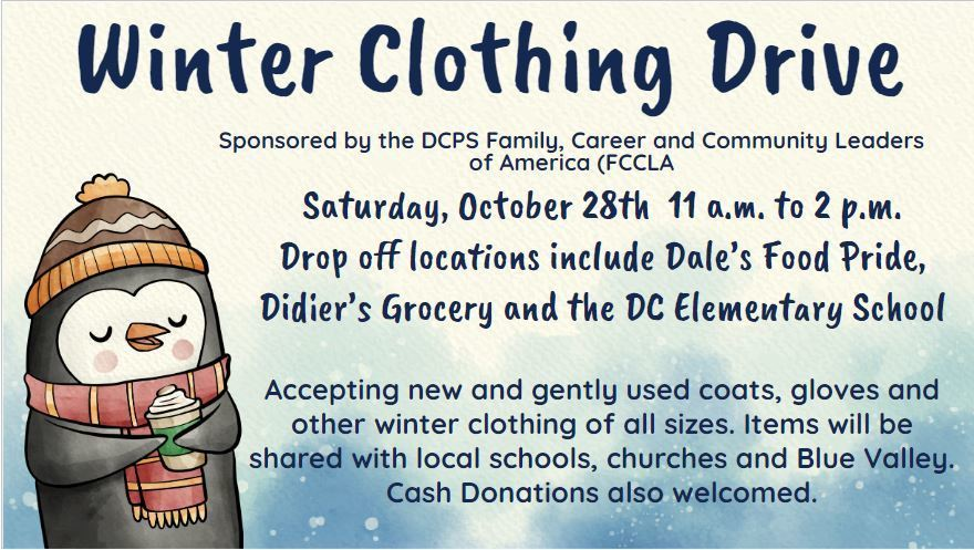 DC_Scouts's tweet photo. Winter Clothing Drive 
FCCLA will be holding a clothing drive on Saturday, October 28th, from 11 a.m. to 2 p.m. There will be drop-off points at Dales, Didiers, and the David City Elementary School. Please, if you are bringing clothes, bring gently clean clothes to share. https://t.co/J1qPYwLYaG