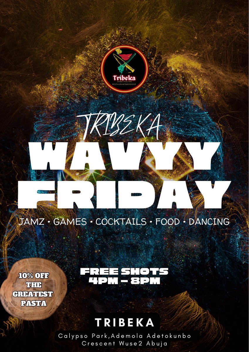 Chef_Honcho01's tweet photo. WAVYYY FRIDAY!! Free shots, 10% off the greatest pasta, games and great vibes!!! See you later!!
#booooz #tribeka #fridaynight #shots #allnight #cocktails #abuja https://t.co/0KhJY5Ft2i