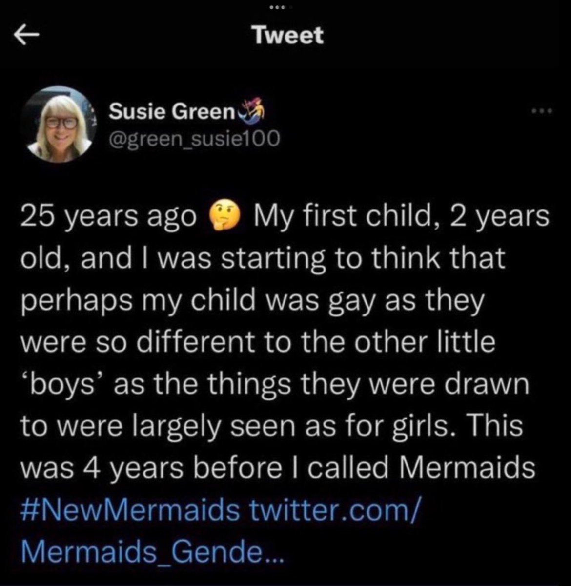 coccinellanovem's tweet photo. @KatyMontgomerie @Rory16475872 @MrMennoTweets Was Susie Green lying when she said she thought her son was gay & her husband thought her sons’s behaviour was unacceptable? (See extremely grim TedX talk)
Personally, I wouldn’t regard playing with the ‘wrong’ toys as a “birth defect” - neither did Mermaids pre Susie Green. https://t.co/mMfxfMH5GX