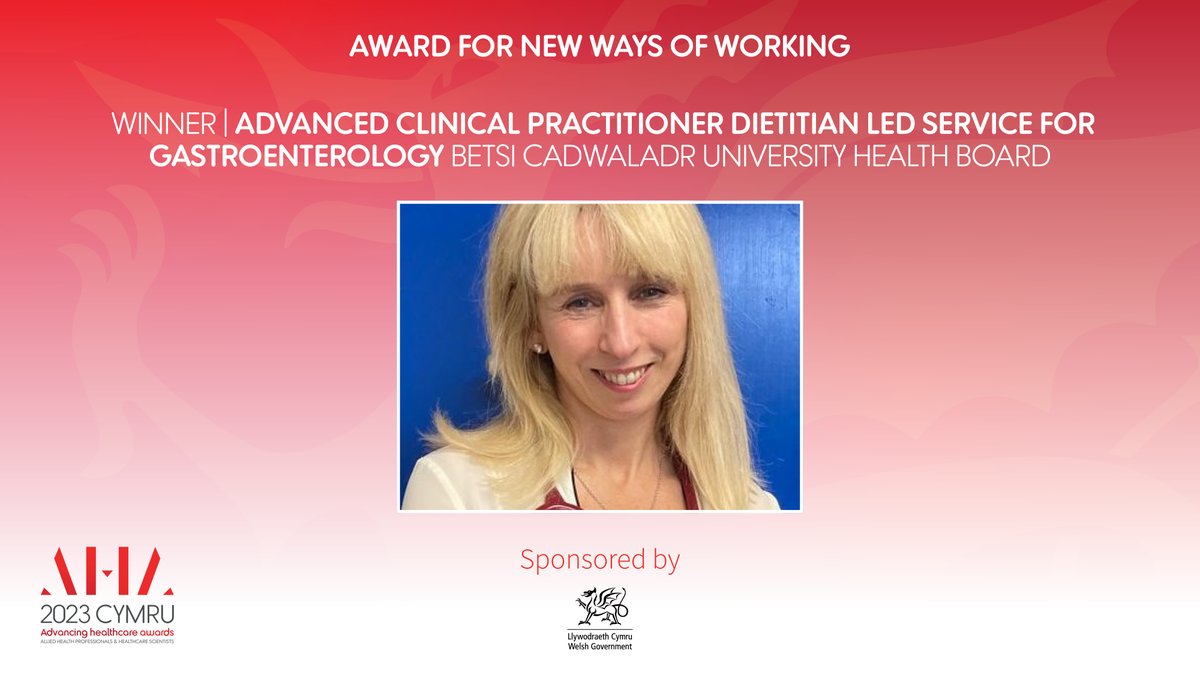 The AHP winners of the <a href="/WGHealthandCare/">Welsh Government Health and Social Care</a> Award for New Ways of Working are Kate Harrod-Wild &amp; Jeanette Starkey, <a href="/BetsiCadwaladr/">Betsi Cadwaladr</a> for their Advanced Clinical Practitioner Dietitian Led service for Gastroenterology – congratulations!
<a href="/AHP_Cymru/">AHP Cymru</a> @HCS_Cymru #AHACymru