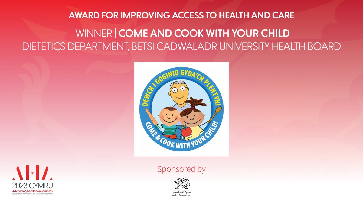 The winners of the new <a href="/WGHealthandCare/">Welsh Government Health and Social Care</a> Award for Improving Access to Health &amp; Care are Andrea Basu &amp; the <a href="/BetsiCadwaladr/">Betsi Cadwaladr</a> Public Health Dietetics Team for their project, ‘Come and Cook With Your Child’
#AHACymru <a href="/AHP_Cymru/">AHP Cymru</a> @HCS_Cymru