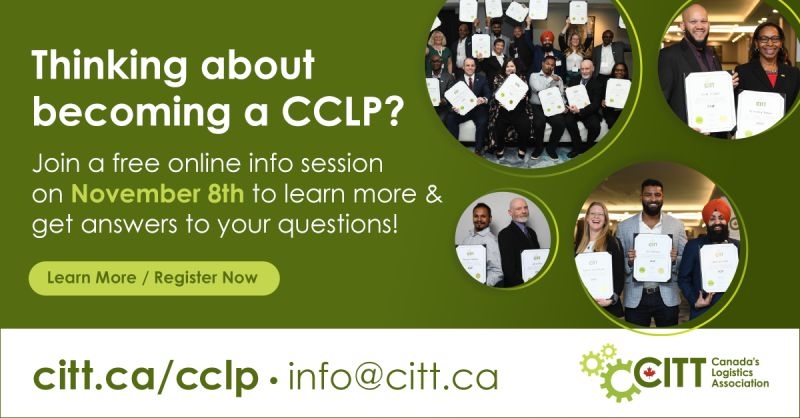 CITTLogistics's tweet image. Don't miss this online info session on November 8th! You'll learn the professional benefits, what you can expect in course work, and answers to all your questions.
Register at citt.ca/CCLP
#CITT #CCLP #FreeWebinar