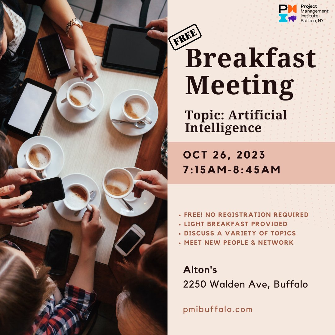 Our breakfast meetings are back! Join us on October 26th at Alton's from 7:15 am to 8:45 am. No registration is required; just show up! Light breakfast is provided, along with an interesting chat on AI. See you there!