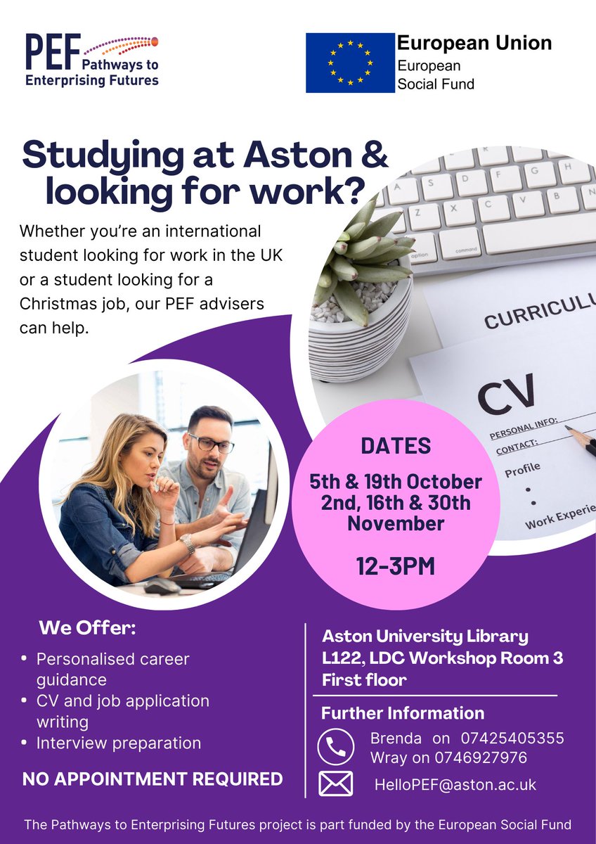 🔈 | Studying at <a href="/AstonUniversity/">Aston University</a> &amp; looking for work?

ℹ️ | Whether you're an international student searching 🔎 for work in the UK 🇬🇧 or a student looking for a Christmas job, the <a href="/PEFproject/">Pathways to Enterprising Futures</a> advisors can help!

Details are provided below ⬇️