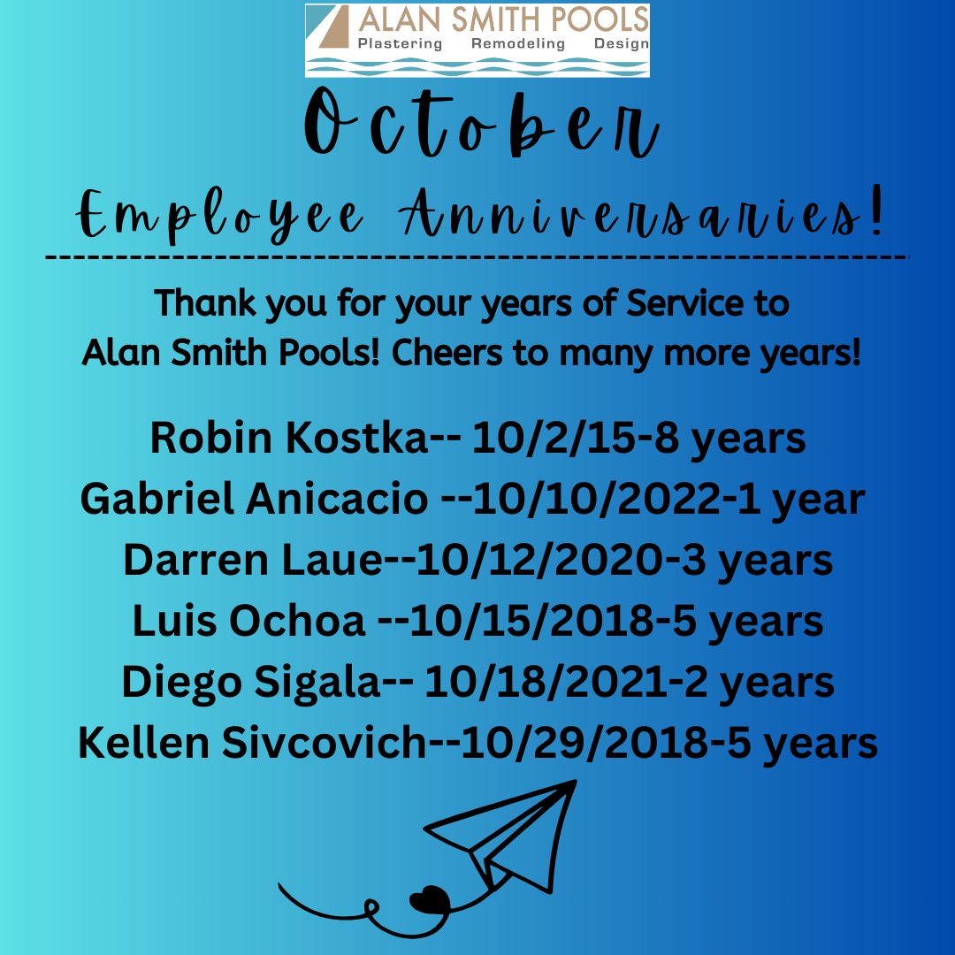 PoolRemodeling's tweet image. Happy Work Anniversary!  Thank you for your years of Service! 

#AlanSmithPools #GreatEmployees #AwesomeCompany #YearsOfExperance