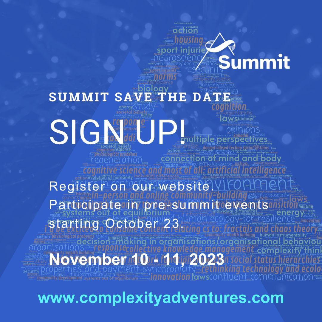ComplexAdvent's tweet image. Once you have registered on the website, you will receive invitations to participate by email to our pre-summit events starting October 23.

(Note: all events are online and free)

#ComplexityAdventures
#ComplexitySummit 
#LearningJourney 
#ComplexityAtPlay
#Complexity