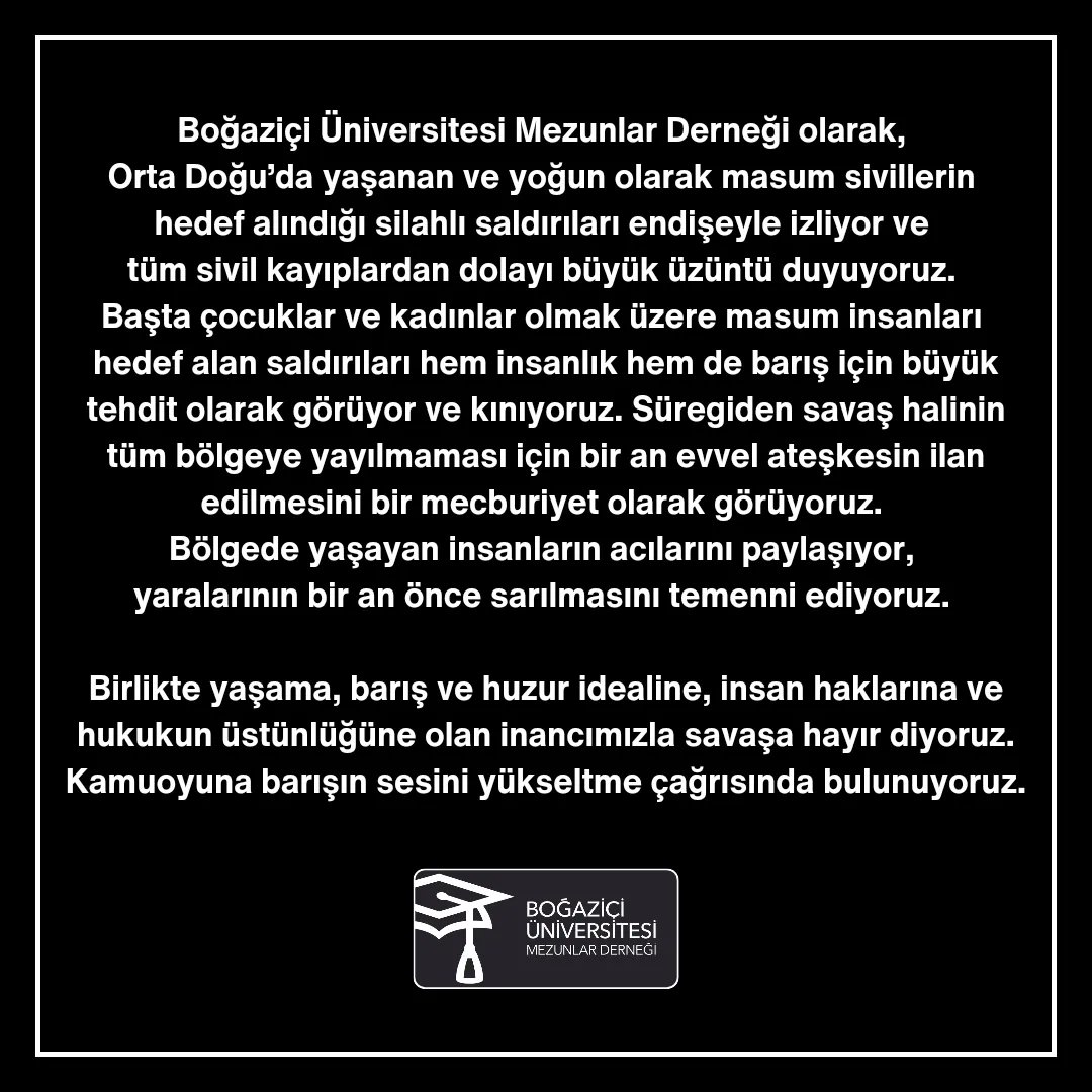 bumedofficial's tweet photo. Boğaziçi Üniversitesi Mezunlar Derneği olarak, Ortadoğu’da yaşanan ve yoğun olarak masum sivillerin hedef alındığı silahlı saldırıları endişeyle izliyor ve tüm sivil kayıplardan dolayı büyük üzüntü duyuyoruz. https://t.co/hlJLu84Q63