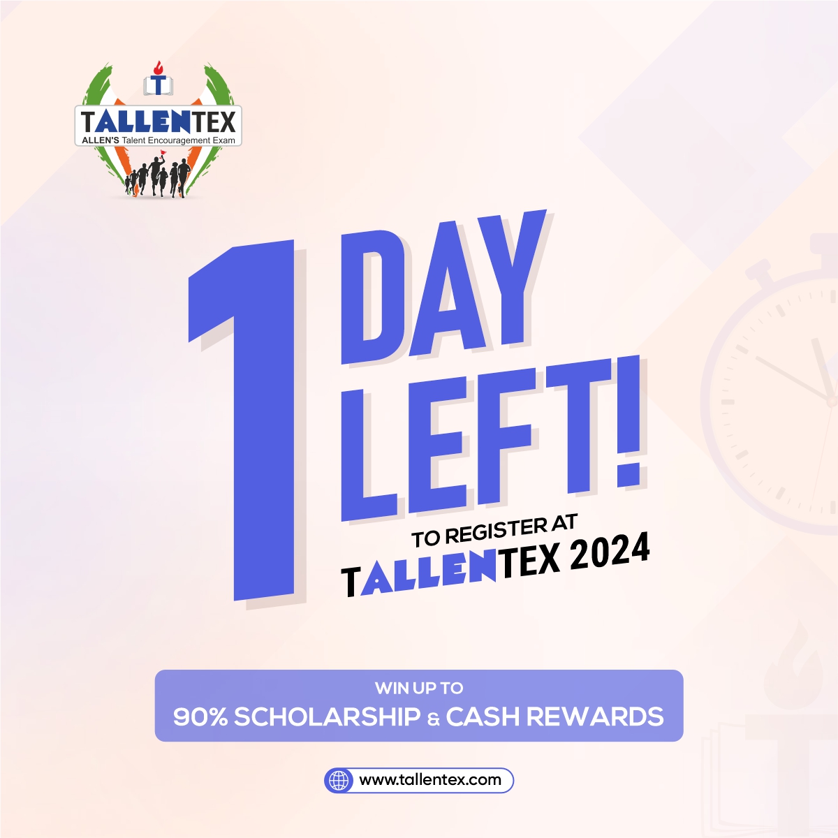 ALLENkota's tweet photo. 📣 Final call for Class 5th to 10th Students! 📣
⏳ Registrations for #TALLENTEX2024 close today!
🏆 Appear in #TALLENTEX & boost your prospects of winning cash prizes and scholarship up to 90%
💰 Register now: https://t.co/sFVdss7LdX
☎️ + 91-744-3510202
#SuccessKaAssurance https://t.co/85AmTARKoB