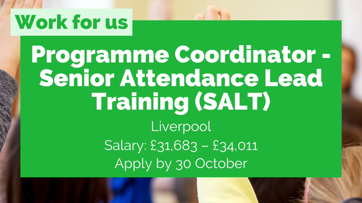📣 We're looking for a dynamic person to coordinate our new Senior Attendance Lead Training (SALT) Programme, equipping school staff with the skills & knowledge to support children & their families with complex needs & underlying issues. Apply today: schoolhomesupport.org.uk/about-us/jobs/…